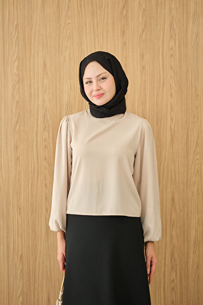 LOCCO Γυναικεία μπλούζα με ψηλό γιακά και μανίκια μπαλόνι, κρεμ χρώματος