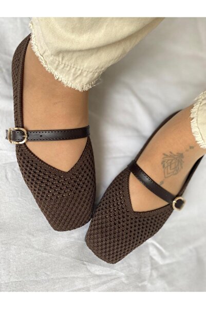 HCO Knitwear Material Buckle Detailed Blunt Toe Women's Ballerinas