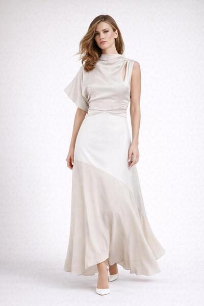 ALYEL NAKER فستان حريري بكم واحد بتفاصيل غير متماثلة ومزيج من الألوان الإكرو ...