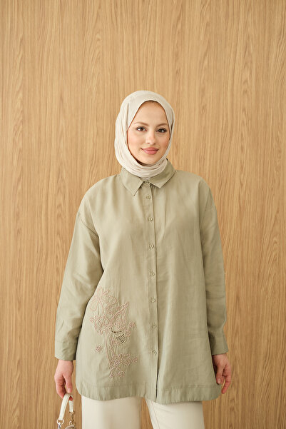 LOCCO Women's Bead Embroidery Detailed Shirt Khaki Green