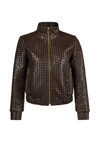 Derimod Della Women's Brown Knitted Patterned Short Leather Coat 26Sgd5643Al