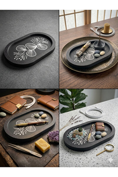 UEC "Noir Flora Elite - Saten Antrasit Dokulu Lüks Dekoratif Sunum Tepsisi"