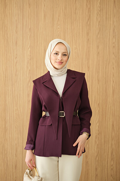 LOCCO Γυναικείο μπουφάν με διπλό γιακά και λεπτομέρεια τσέπης, δαμασκηνί