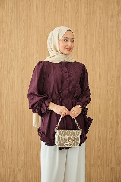 LOCCO Women's Ribbed Front Tie-Waist Shirt Burgundy