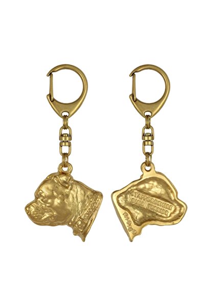 Art - Dog Staffordshire Bull Terrier, - Breloc auriu cu câine, accesoriu de l...
