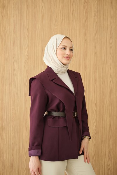 LOCCO Women's Double-Breasted Collar Pocket Detail Jacket Plum