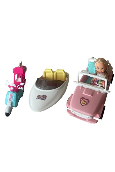 ADIRI SHOP Set păpușă cu mașină, iaht și scuter, accesorii complete, Roz, 3 ani+