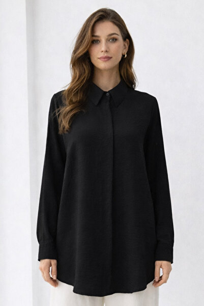 benguen Tunica lungă cu guler tip cămașă, stil Hijab B5945 Negru