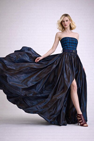 ALYEL NAKER Strapless Taffeta Maxi Stylish Dress with Front Zipper & Belt