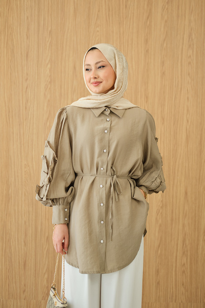 LOCCO Γυναικείο πουκάμισο με βολάν στα μανίκια και δέσιμο στη μέση, πράσινο