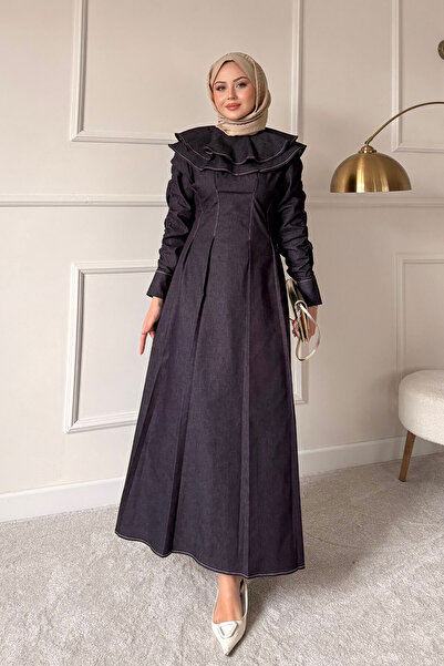 LOCCO Γυναικείο φόρεμα τζιν με λεπτομέρεια ραφής και ντεκολτέ σε χρώμα δαμασκηνί