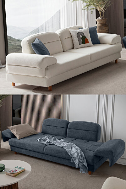 Eymense Lizbon Yataklı Sandıklı Koltuk Takımı 3+3 Beyaz Mavi