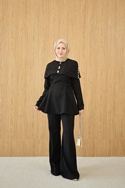 LOCCO Women's Detachable Bolero Gold Button Detail Suit Black