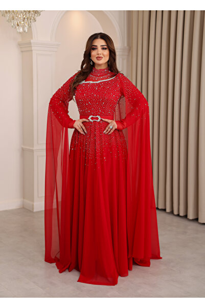 NHMODA High Collar Transparent Detailed Stoned Top Cape Sleeve Flared Evening...