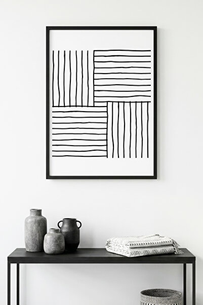 huhuli Tablou minimalist cu linii, cu ramă din lemn natural - Alb-negru |   h...