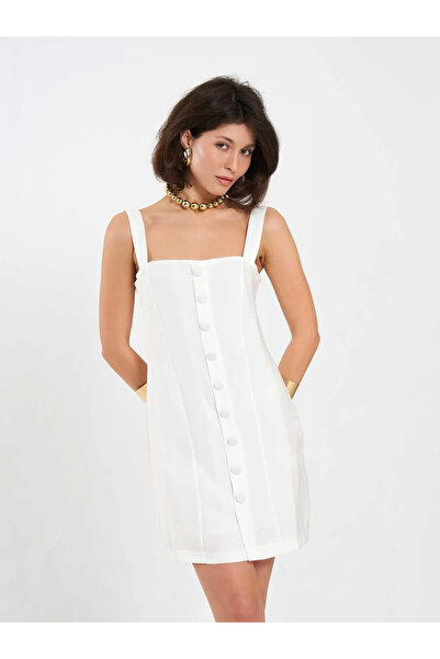 BIGNUANCE Ecru Square Neck Button Detailed Strappy Mini Dress Casual Comforta...