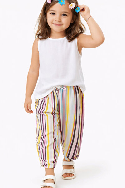 onymino Girl's Striped Summer Top and Bottom Set – White Blouse & Colorful Pants