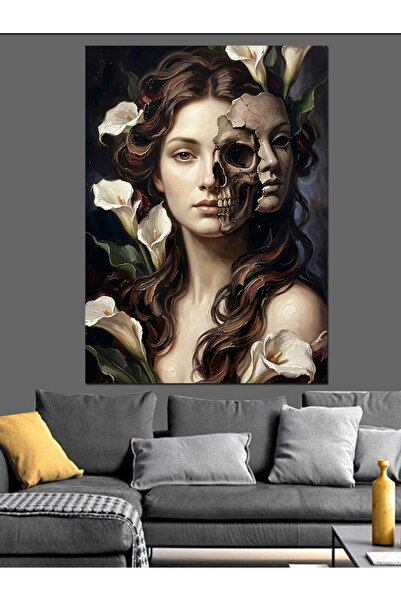 Artmeg Flower Woman with Half Skull Face Decorative Canvas - Mdf Wood Painting