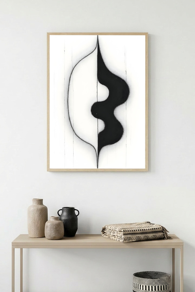 huhuli Tablou abstract cu model alb-negru, înrămat în lemn natural - Minimal ...