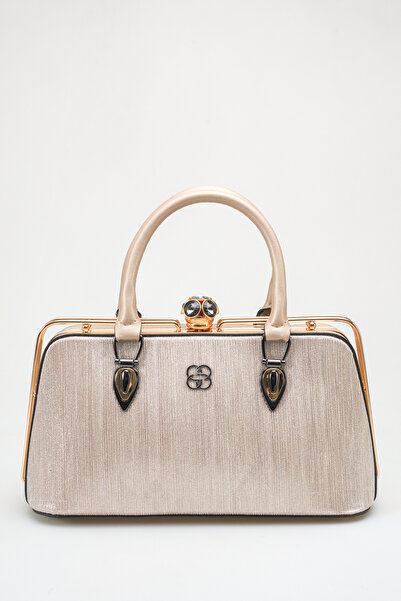 FEMME Geantă de mână bej pentru femei, carcasă rigidă, cu detalii aurii, pent...