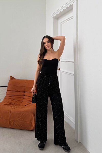 mezqa Γυναικείο υφασμάτινο παντελόνι φόρμας με φαρδιά μπατζάκια και στρας