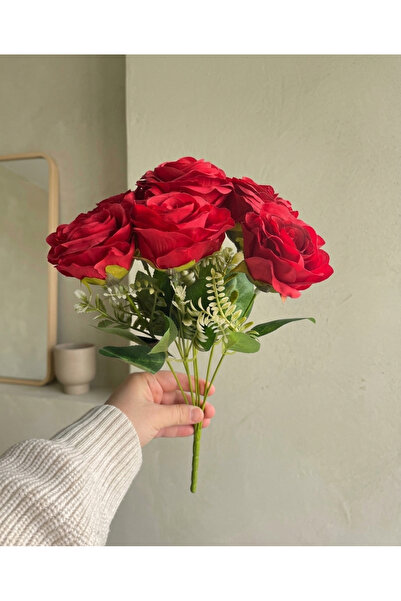 YASİMA Artificial 7-Head Boxwood Arrangement with Red Layered Roses Home Deco...