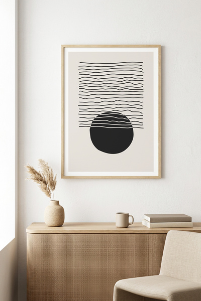huhuli Tablou cu model geometric minimalist, cu ramă din lemn natural - Alb-N...