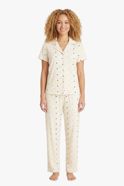 Cottonhill Cream Heart Patterned Soft Textured Shirt Collar Women's Pajama Set