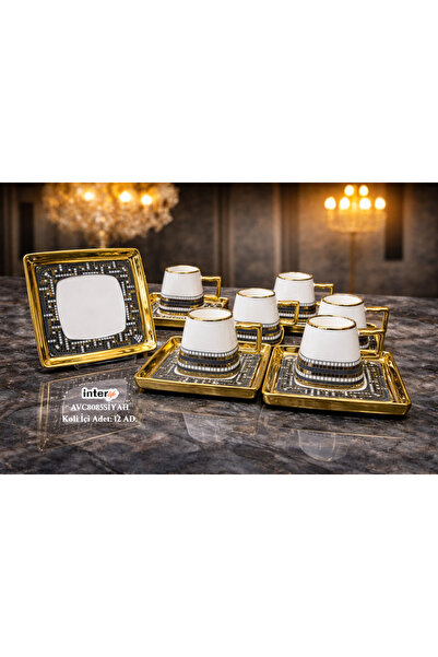 İnterlife Lüks Gold Detaylı 6 Kişilik Türk Kahvesi Fincan Takımı Porselen Kar...