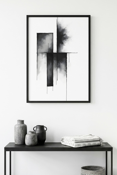 huhuli لوحة فنية ذات نمط هندسي تجريدي بإطار خشبي طبيعي - أسود-أبيض |   هوهو1198