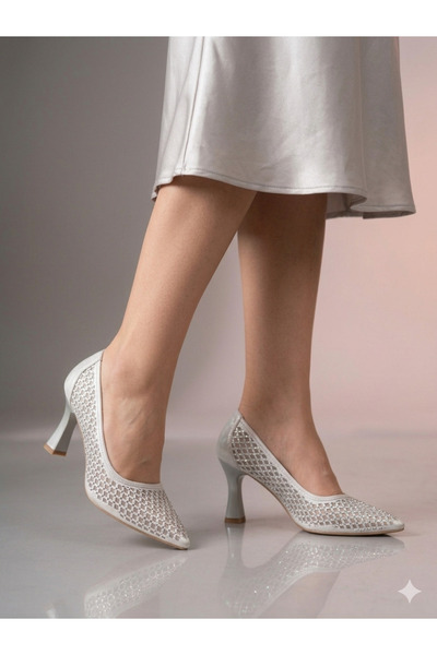 Ozzo Woman Γυναικεία παπούτσια με τακούνι από ασημί σατέν με διχτυωτό ύφασμα ...