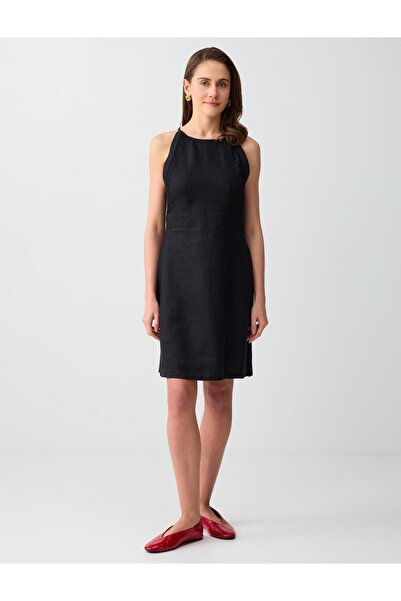 Jimmy Key Μαύρο 100% λινό μίνι φόρεμα με λαιμόκοψη halter και χωρίς μανίκια