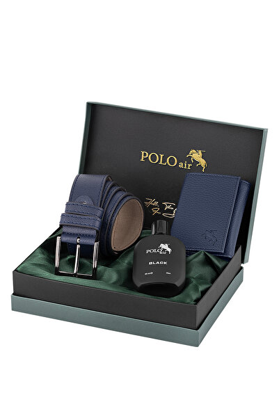 Polo Air Men's Magnetic Wallet Belt Perfume Combination Set Navy Blue Color P...