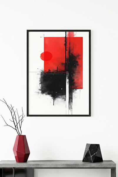 huhuli Tablou abstract cu model roșu și negru, înrămat în lemn natural - Mini...