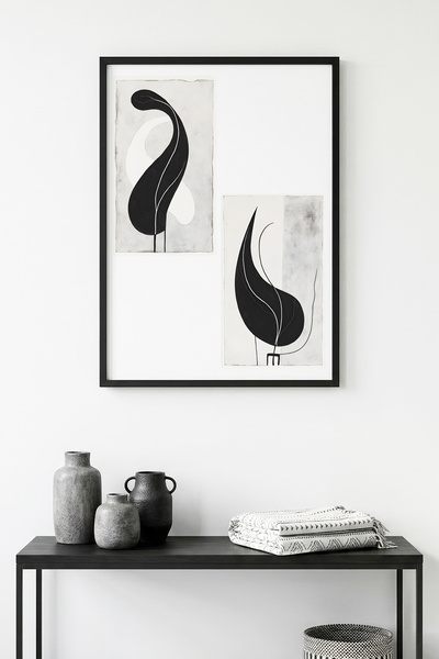 huhuli Επιτραπέζια ζωγραφιά με μίνιμαλ ασπρόμαυρο σχέδιο με φυσικό ξύλινο πλα...