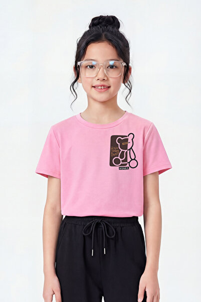 panios kids Tricou roz pentru fetiță, cu mânecă scurtă, cu guler rotund și im...