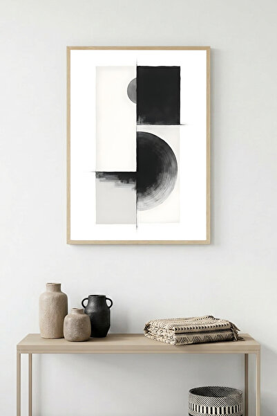 huhuli Tablou cu model geometric alb-negru, cu ramă din lemn natural - Minima...