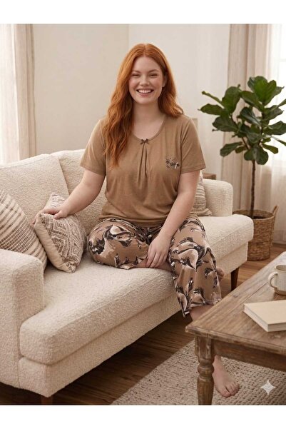 Asel Plus Size Short Sleeve Capri Lycra Combed Cotton Pajama Set