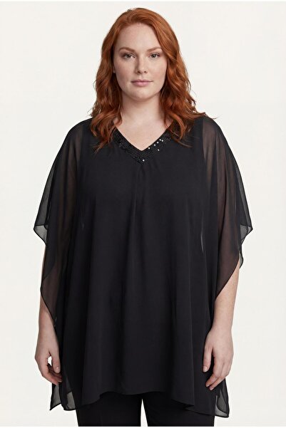 Ebsumu بلوزة نسائية كبيرة الحجم مزينة بالترتر وتفاصيل من التول باللون الأسود