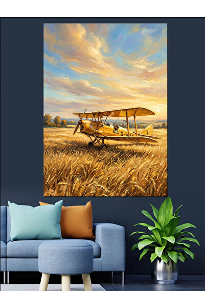 Artmeg Avion cu două aripi în câmpul de grâu - Pânză decorativă - Masă din le...