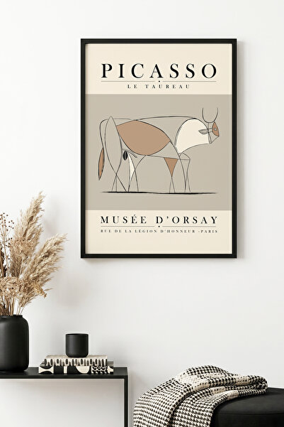 huhuli Tablou cu model geometric cu taur, înrămat în lemn natural - Tonuri pa...