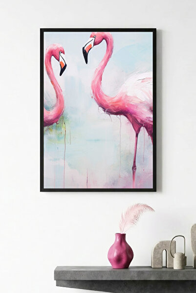 huhuli Tablou cu model flamingo, înrămat cu lemn natural - Tonuri pastelate |...