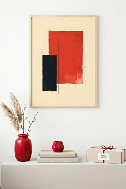 huhuli Tablou abstract cu model roșu și negru, înrămat în lemn natural - Mini...