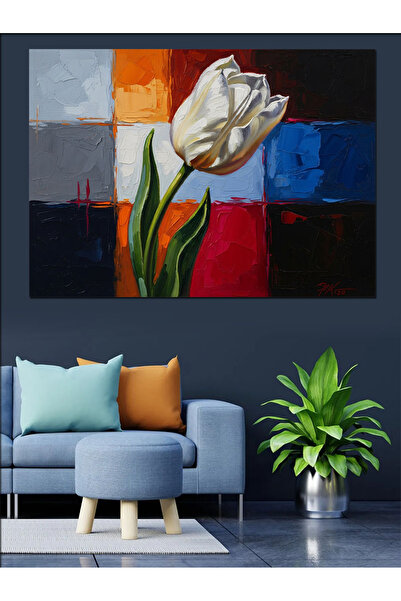 Artmeg Pânză decorativă cu lalele albe cu fundal colorat - Masă din lemn MDF