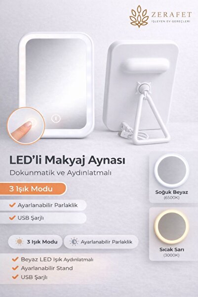 ZERAFET Dokunmatik Led Işıklı Usb Li Dikdörtgen Ayarlanabilir Masa Üstü Makya...