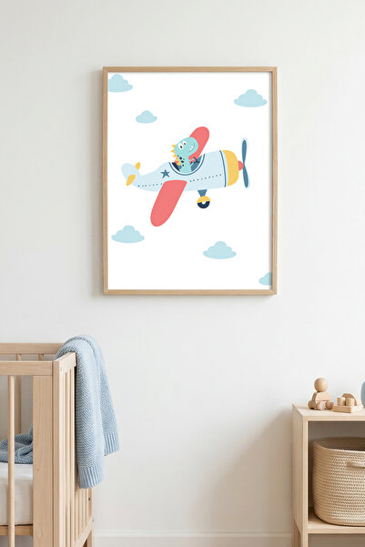 huhuli Pictură cu tematică avion pentru copii, cu ramă din lemn natural - Ton...