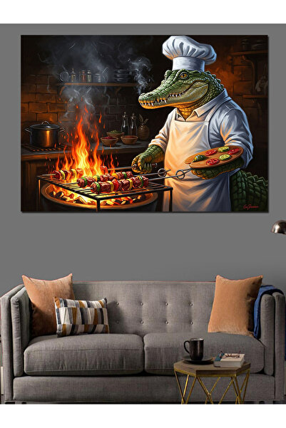 Artmeg Tablou decorativ din pânză cu crocodilul bucătar care gătește carne la...