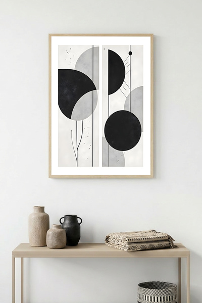 huhuli Γεωμετρικός πίνακας με μαύρο-άσπρο σχέδιο με φυσικό ξύλινο πλαίσιο - Μ...