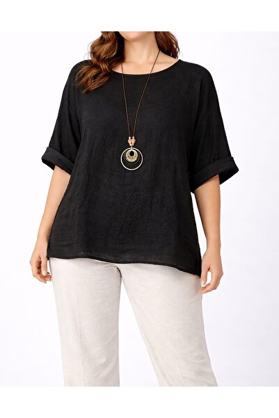 Butik Şans Women's Oversized Three-Quarter Sleeve Blouse with Pendant Detail