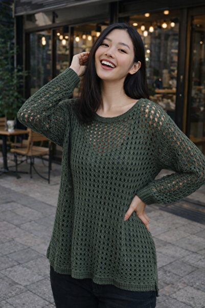 citystyle Дамска плетена блуза в цвят каки, с лодка деколте, дълъг ръкав, бох...